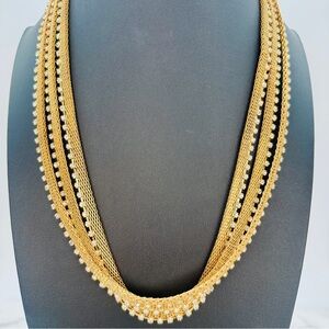 Retro Mesh 3 Chain Necklace Rhinestone Accent Layers Gold Tone Disco Glam 20”